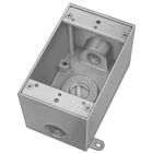 Single Gang Universal Weatherproof Box, 18.3 Cubic Inches, Hub Size 3/4 Inch, Silver, Aluminum, 3 Outlets, One on Top, Bottom, and Back, with Mounting Lugs
