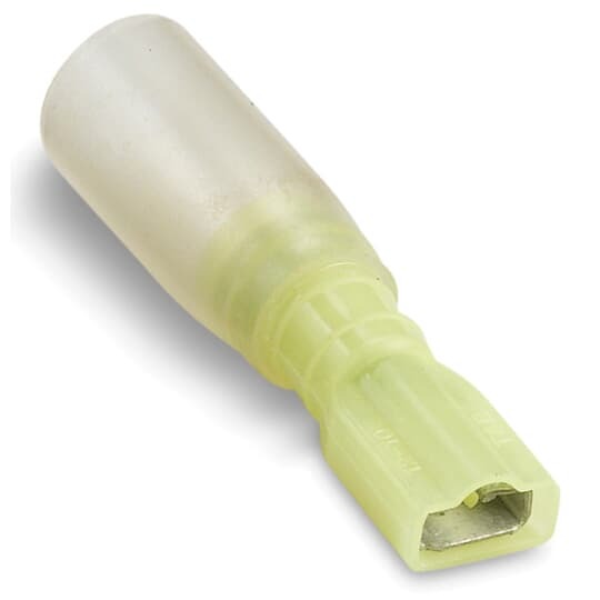 Heat Shrinkable Fully Insulated Female Disconnect Terminal, Length 1.80 Inches, Maximum Insulation .250, Tab Size .250x.032, Wire Range #12-#10 AWG, Color Yellow, Copper, Tin Plated