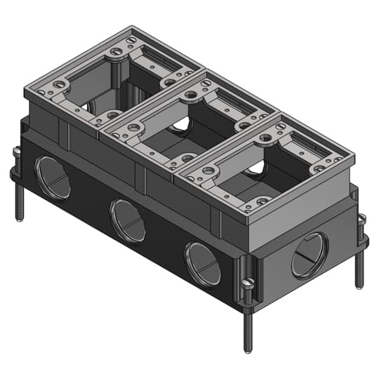 Three Gang Flush Service Floor Box, 111 Cubic Inches, Length 5-1/2 Inches, Width 10 Inches, Depth 3-5/8 Inches, 1-1/4 Inch Conduit Hubs, Aluminum