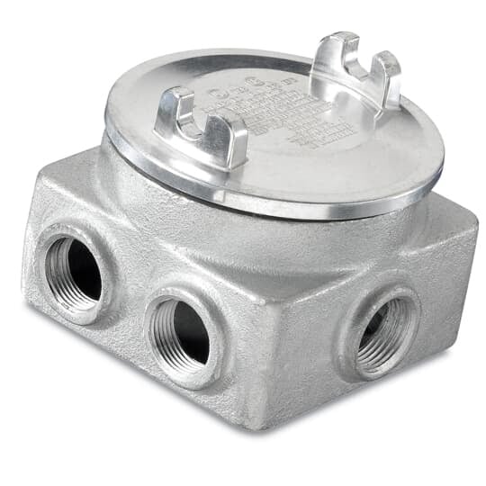 3/4 Inch Gup Explosion Proof Junction Box, Body Material and Finish Ductile Iron Electro Galvanized and Aluminum, Acrylic Paint, Cover Material Copper Free Cast Aluminum, O Ring Neoprene, 10 Hubs (NPT): 2 Top, 2 Bottom, 1 Each Side and 4 In The Back