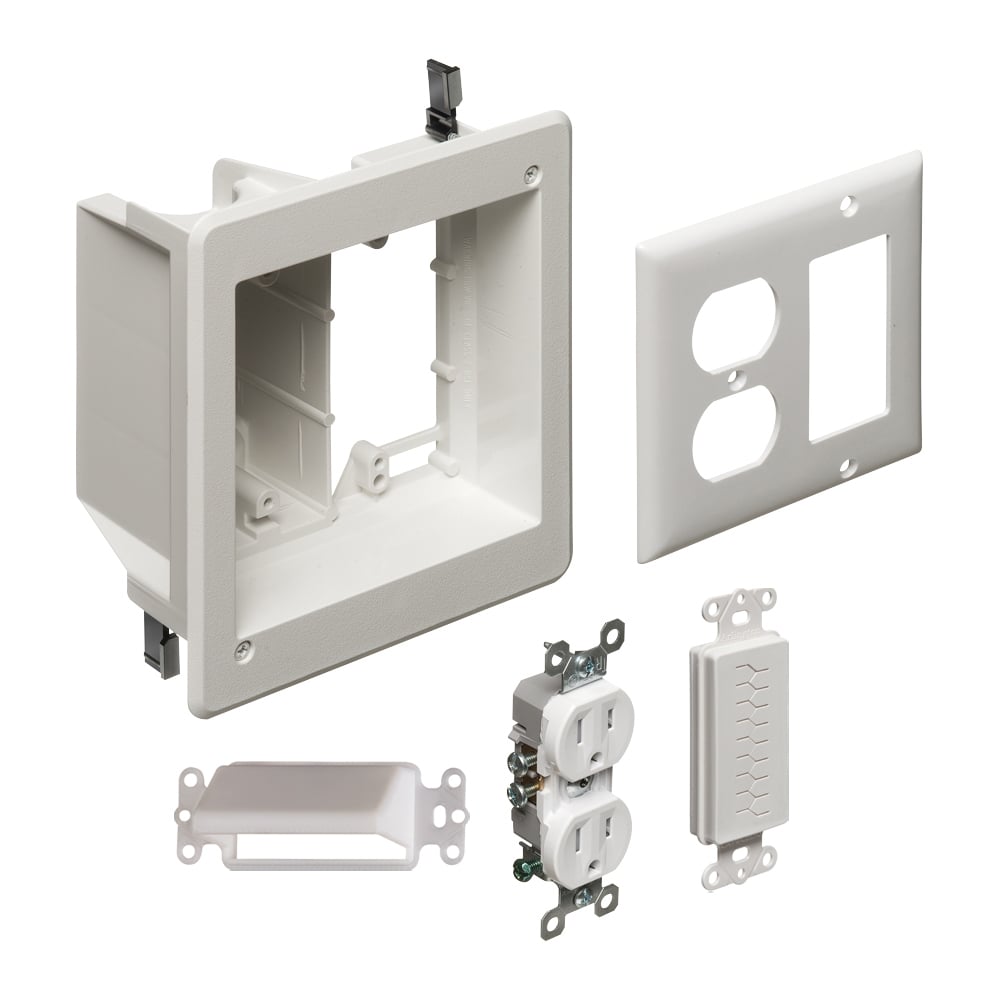 Plastic recessed TV BOX for power and low voltage. retrofit only. Kit includes recessed combo box, (1) tamper resistant duplex receptacle, Arlington's SCOOP, Arlington's PASS THROUGH devices and cover plate. With Grounding Clip.