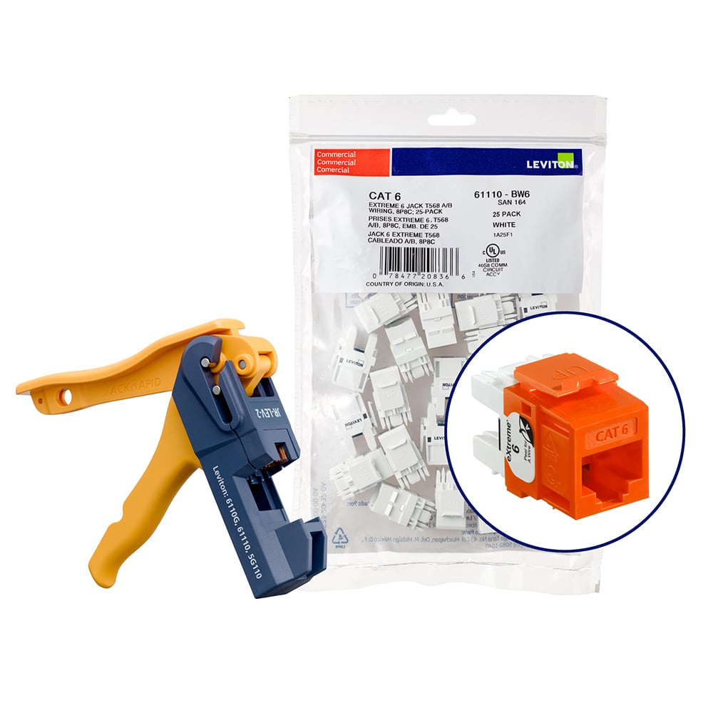 150 eXtreme Cat 6 QuickPort Connectors, Orange, Kitted with Jack Rapid Tool