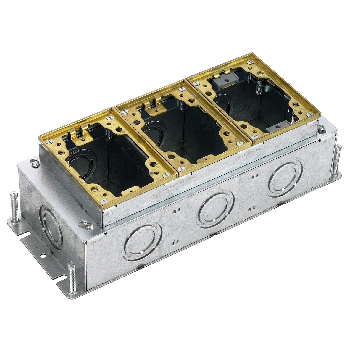 Flush Concrete Floor Box Series, 3-Gang, Rectangular Galvanized Stamped Steel Box, Deep, Fully Adjustable, Brass Top