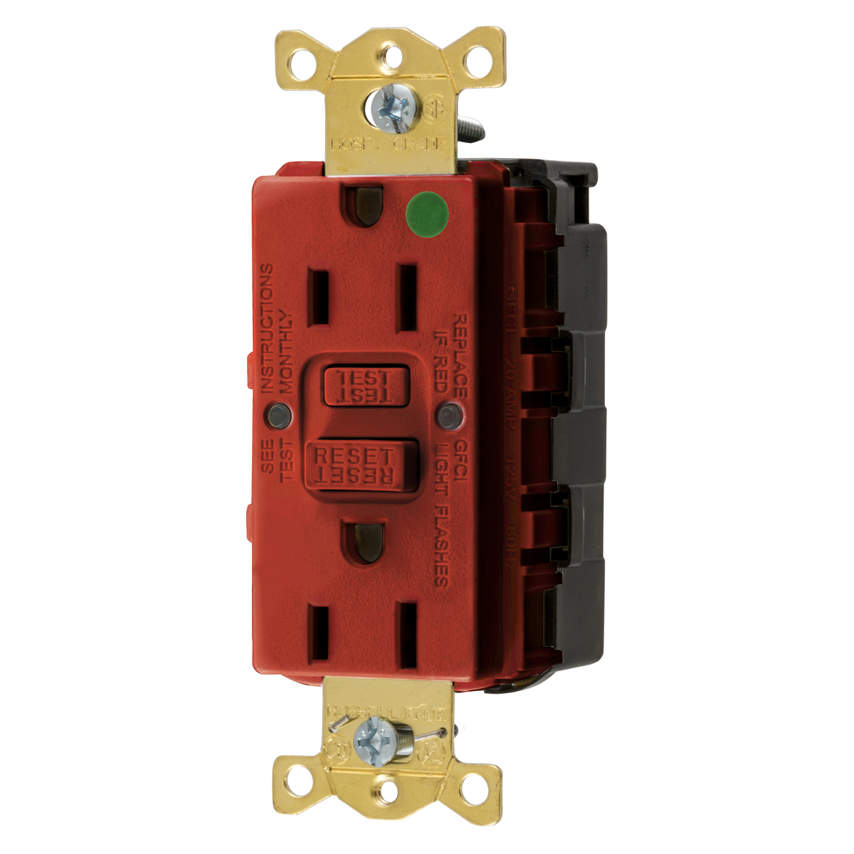 Straight Blade Devices, Receptacle, GFCI, SnapConnect, Commercial Hospital Grade, Self Test, 15A 125V, 2-Pole 3- Wire Grounding, 5-15R, Red.