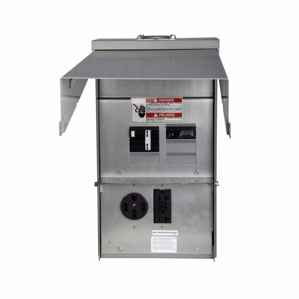 Eaton pedestal mount unmetered, Unmetered, 50A, 20A, 20A, Ground fault, Non-ground fault, Non-ground fault, Top, Surface, Circuits: 4, NEMA 14-50R, NEMA 5-20R2GFI, NEMA L6-20R, 4, 3, 3, 125/250V, 125V, 250V