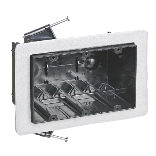 Three-Gang Vapor-Tight Box, Volume 54 Cubic Inches, Length 3-1/2 Inches, Width 5-5/8 Inches, Depth 3-1/4 Inches, Color Black, Material Polycarbonate, Mounting Means Angled Side Nails