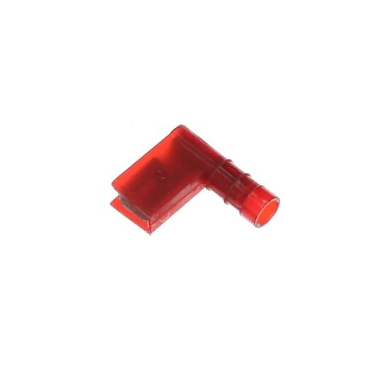 Nylon Insulated Open Top 90 Degree Flag Female Disconnect Terminal, Length .80 Inch, Width .71 Inch, Maximum Insulation .170, Tab Size .250x.032, Wire Range #22-#18 AWG, Color Red, Brass, Tin Plated
