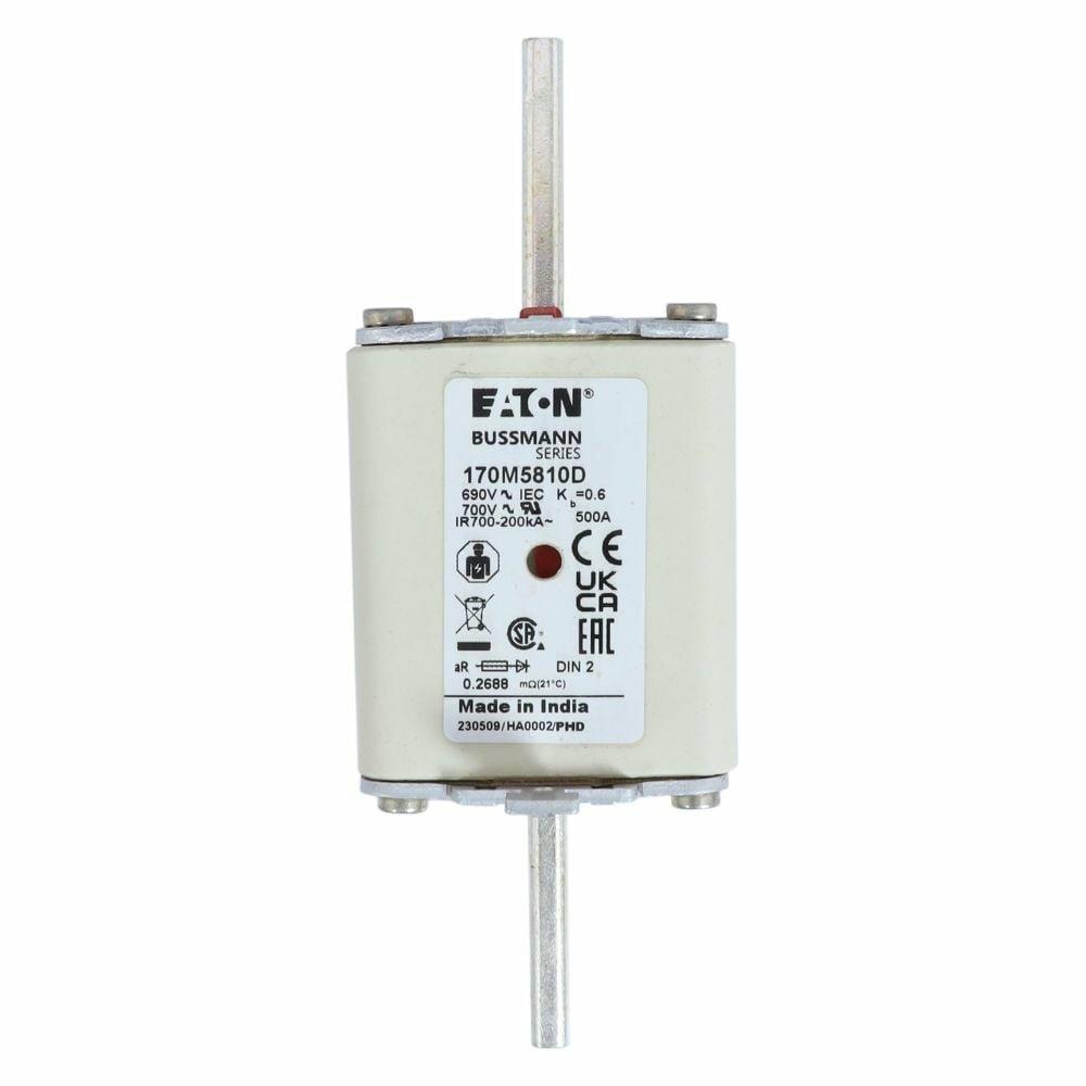 Eaton Bussmann series high speed square body fuse, 700V (UL), 690V (IEC), 500A, 200 kAIC, Combination fuse status indicator, Fuse, Din 43-620 blade end X Din 43-620 blade end, Class aR