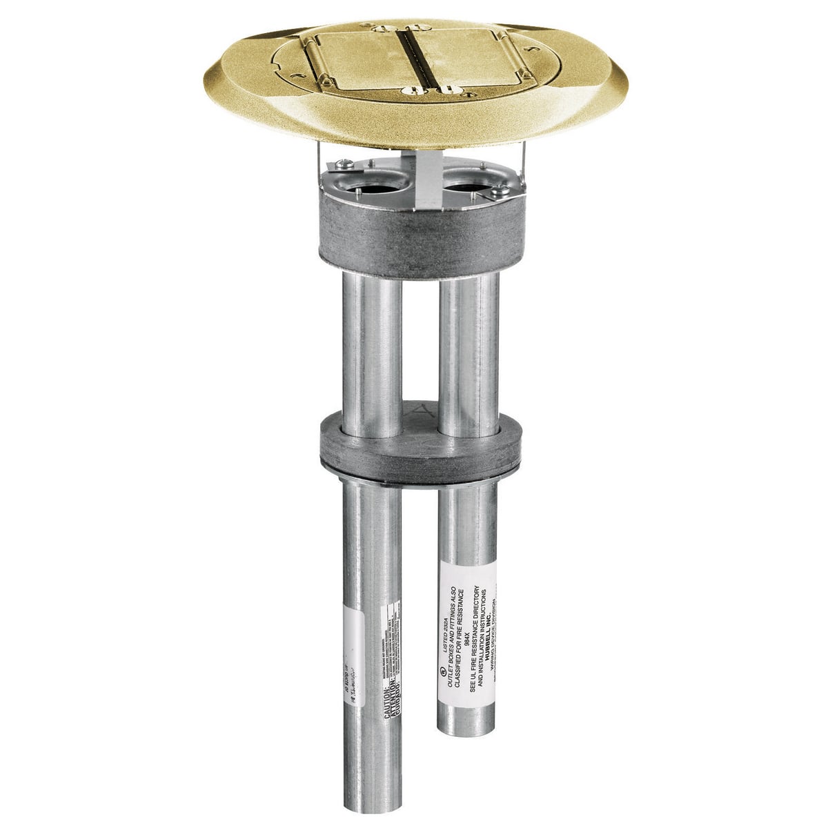 In-Floor Delivery Systems, SystemOne, Fire-Rated Poke-Through, 1 Piece Unit, Dual StyleLine Decorator Openings, Cover with Brass Finish
