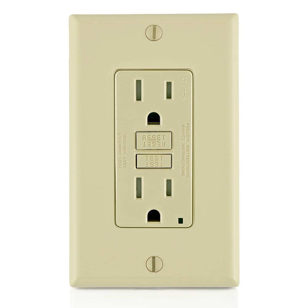 Self-Test Slim Tamper Resistant GFCI Receptacle. Nema 5-15R 15A-125V At Receptacle, 20A-125V Feed-through. Lighted - Ivory With Ivory Test And Reset Button.