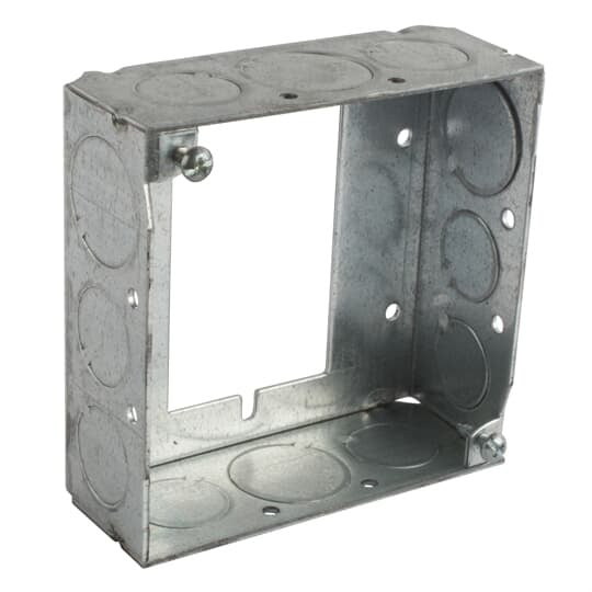 Square Box Ring, 21 Cubic Inches, 4 Inches Square x 1-1/2 Inch, 1/2 Inch and 3/4 Inch Knockouts, Galvanized Steel, Welded Construction