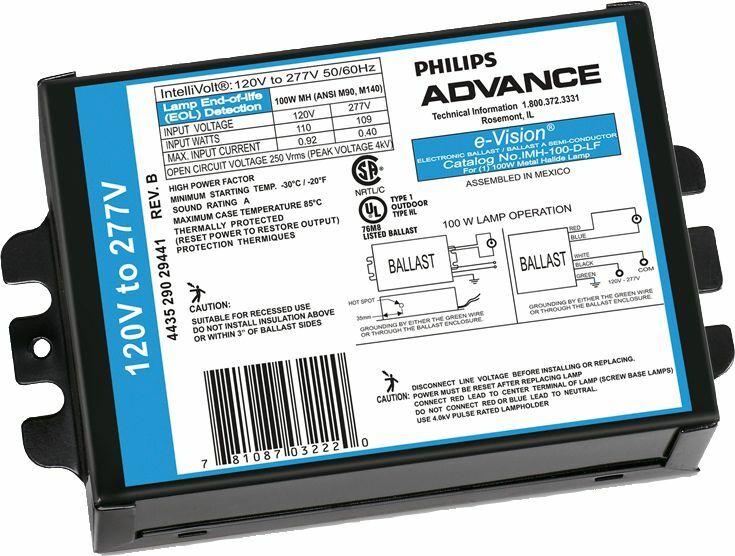 Signify Lighting, Ballast, e-Vision, Indoor, eHID, Min Start Temp -20C, Amps 0.92-0.40A, Average Life 26280HRS, Volts 120-277V, Watts 100W, Non Dimmable, Number of Lamps 1, Ballasts Factor 1PCT, Input Frequency 50/60HZ, Programmed Start No, Certifications are ULISOFCCCSA, RoHS