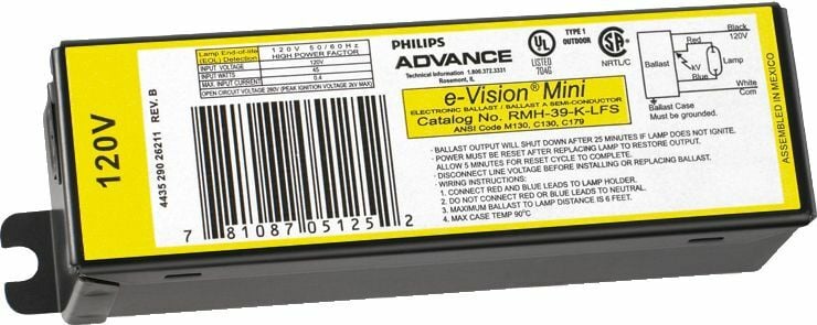 Signify Lighting, Ballast, e-Vision, Indoor, eHID, Min Start Temp -20C, Amps 0.4A, Average Life 26280HRS, Volts 120V, Watts 39W, Non Dimmable, Number of Lamps 1, Ballasts Factor 1PCT, Input Frequency 50/60HZ, Programmed Start No, Certifications are ULISOFCCCSA, RoHS