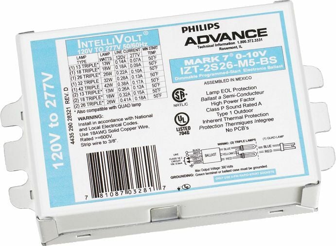 Signify Lighting, Ballast, Mark 7, eFluo Dim, Min Start Temp 50C, Amps 0.39A, Average Life 43800HRS, Volts 120-277V, Watts 26W, Dimmable, Number of Lamps 2, Ballasts Factor 1PCT, Input Frequency 50/60HZ, Programmed Start Yes, Certifications are UL, ISO, FCC