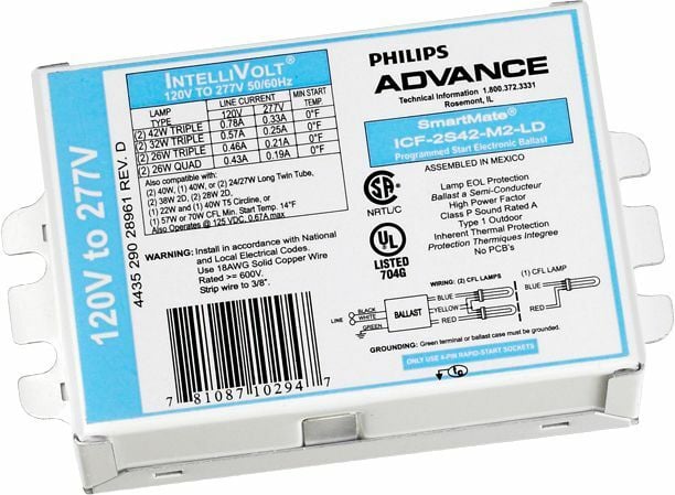 Signify Lighting, Ballast, Centium/Smartmate, eFluo Fix, Min Start Temp 50C, Average Life  43800HRS, Volts 120-277V, NON Dimmable, Number of Lamps 2, Ballasts Factor 1PCT, Input Frequency 50/60HZ, Programmed Start Yes, , Certifications are UL, ISO, FCC