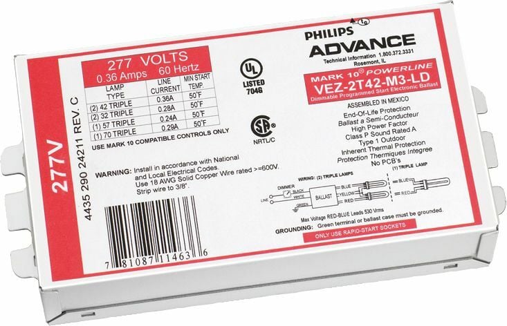 Signify Lighting, Ballast, Mark 10 POWERLINE, eFluo Dim, Min Start Temp 50C, Average Life  43800HRS, Volts 277V, Dimmable, Number of Lamps 2, Ballasts Factor 1PCT, Input Frequency 50/60HZ, Programmed Start Yes, , Certifications are UL, ISO, FCC