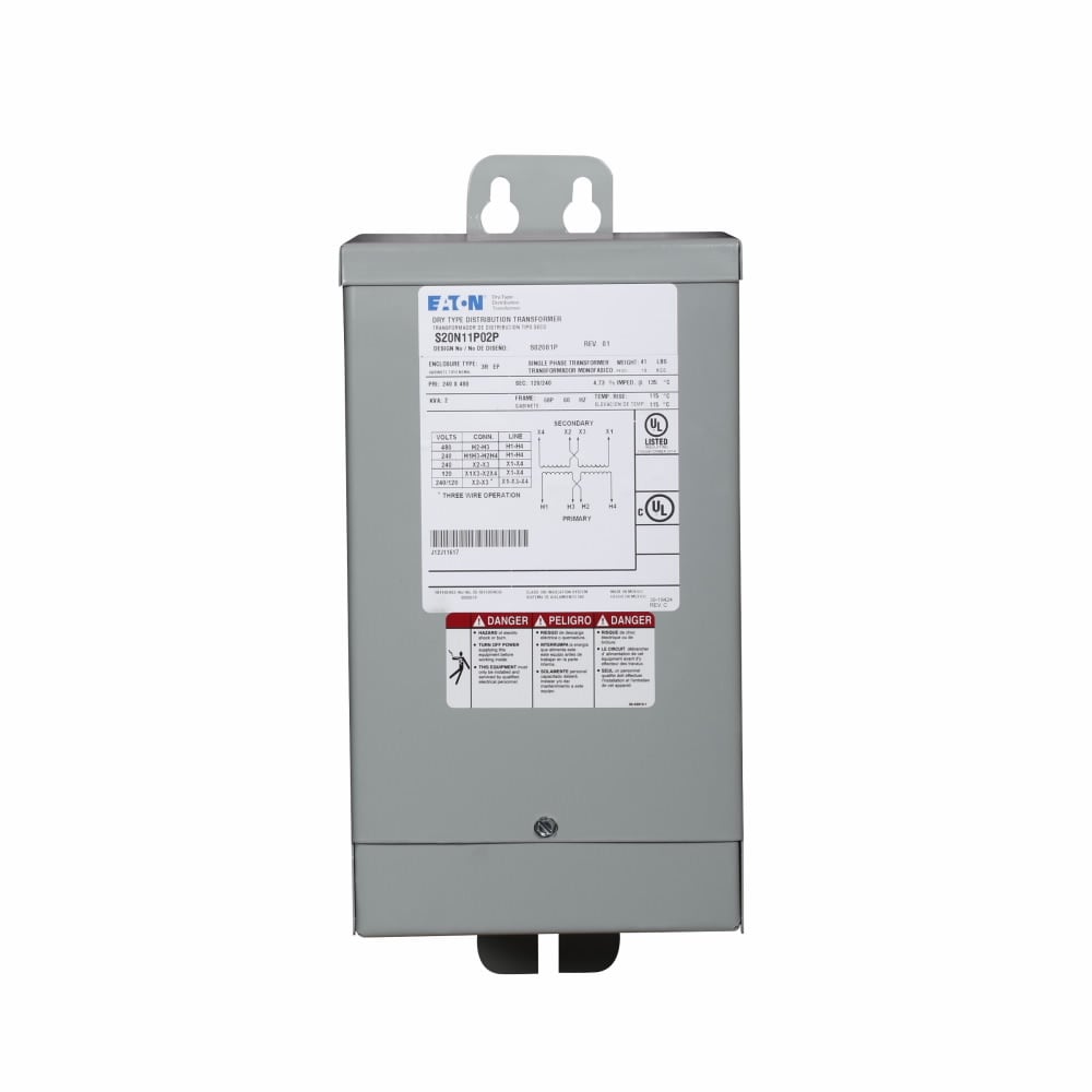 Eaton General-Purpose Encapsulated Transformer, EP, Single-phase, PV: 240 X 480V, Taps: None, SV: 120/240V, 115?C, .75 kVA, Alum windings, Frame: 58AP, Indoor-Outdoor