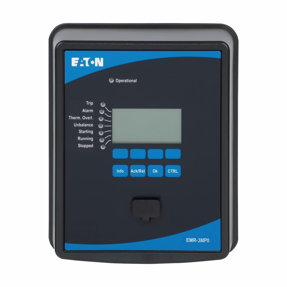 Eaton motor relay, EMR-3MP0-2, current only motor relay, 4I, 4O, 1AO , IRIG-B, 5A PH and GND, Modbus RTU or DNP3 RTU over RS485, Conf. coat, Fixed CT Term, Projection mount, with MP Term Conv