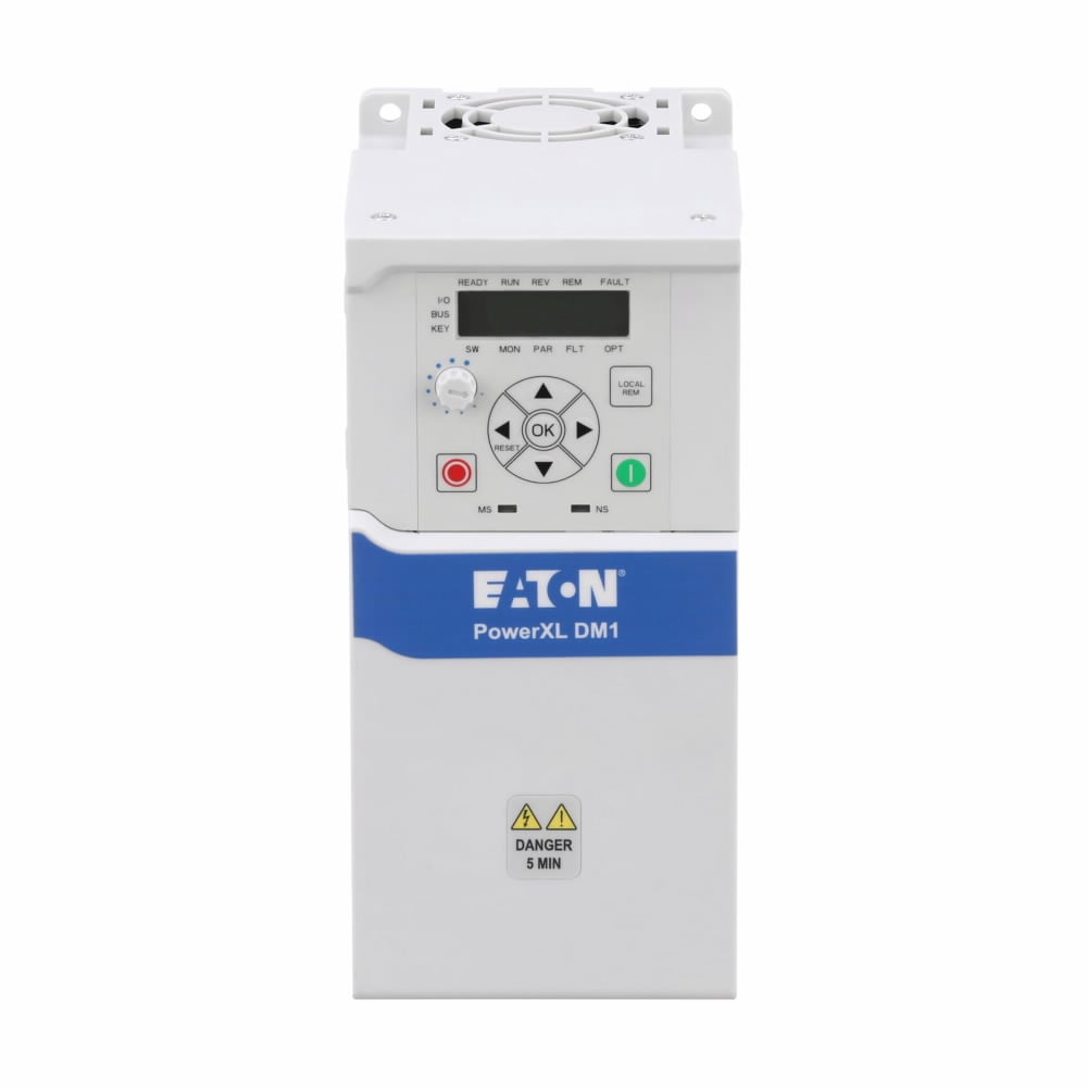 Eaton PowerXL DM1 series micro drive, Three-phase, 400 V, 12 A, Internal brake chopper, Multi segment LCD display, IP20, ST0 SIL2 and ethernet I/P, Modbus TCP onboard