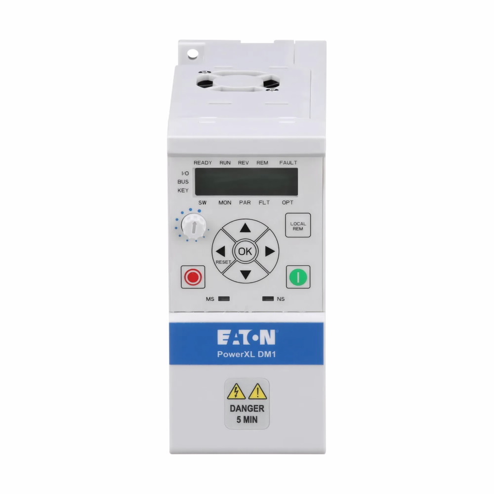 Eaton PowerXL DM1 series micro drive, Three-phase, 230 V, 7.8 A, Internal brake chopper, Multi segment LCD display, IP20, ST0 SIL2 and ethernet I/P, Modbus TCP onboard