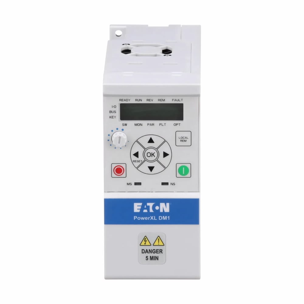 Eaton PowerXL DM1 micro variable frequency drive, Three-phase, 230 V, 4.8 A, Internal EMC filter, Internal brake chopper, Multi segment LCD display, IP20, ST0 SIL2 and ethernet I/P, Modbus TCP onboard