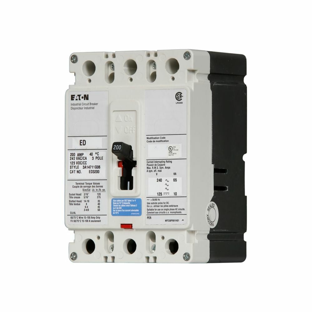 Eaton Series C complete molded case circuit breaker, F-frame, ED, Complete breaker, Fixed thermal, fixed magnetic trip type, Three-pole, 200A, 240 Vac, 125 Vdc, 65 kAIC at 240 Vac, Line and load, 50/60 Hz