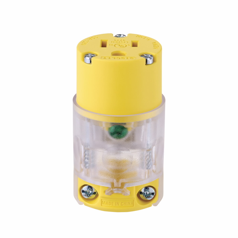 Eaton straight blade connector, Lighted/Power Indicating, #18-12 AWG, 15A, Residential & Commercial, 125V, Back wire, Yellow, Brass, Nylon, 5-15R, Two-pole, three-wire, grounding, Straight body, Screw, Green LED pilot light, Nylon
