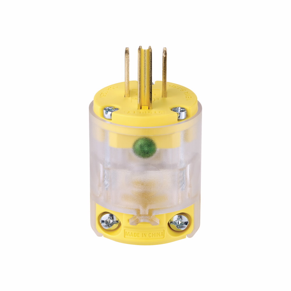 Eaton straight blade plug, Lighted/Power Indicating, #18-12 AWG, 15A, Residential & Commercial, 125V, Back wire, Yellow, Brass, Nylon, 5-15P, Two-pole, three-wire, grounding, Straight body, Screw, Green LED pilot light, Nylon