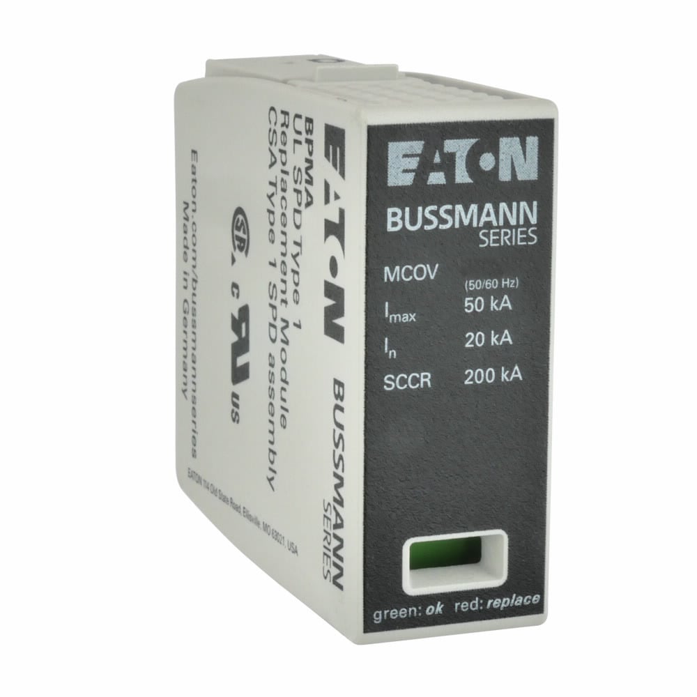 Eaton Bussmann series replacement module, Technology type MOV, 50/60 Hz freq rating, 200 kA short ckt rating, 35 mm DIN rail mount, GL/GG class, 25 Ns response time, Thermoplastic, -40 to 80 C operating temperature, 550V operating voltage