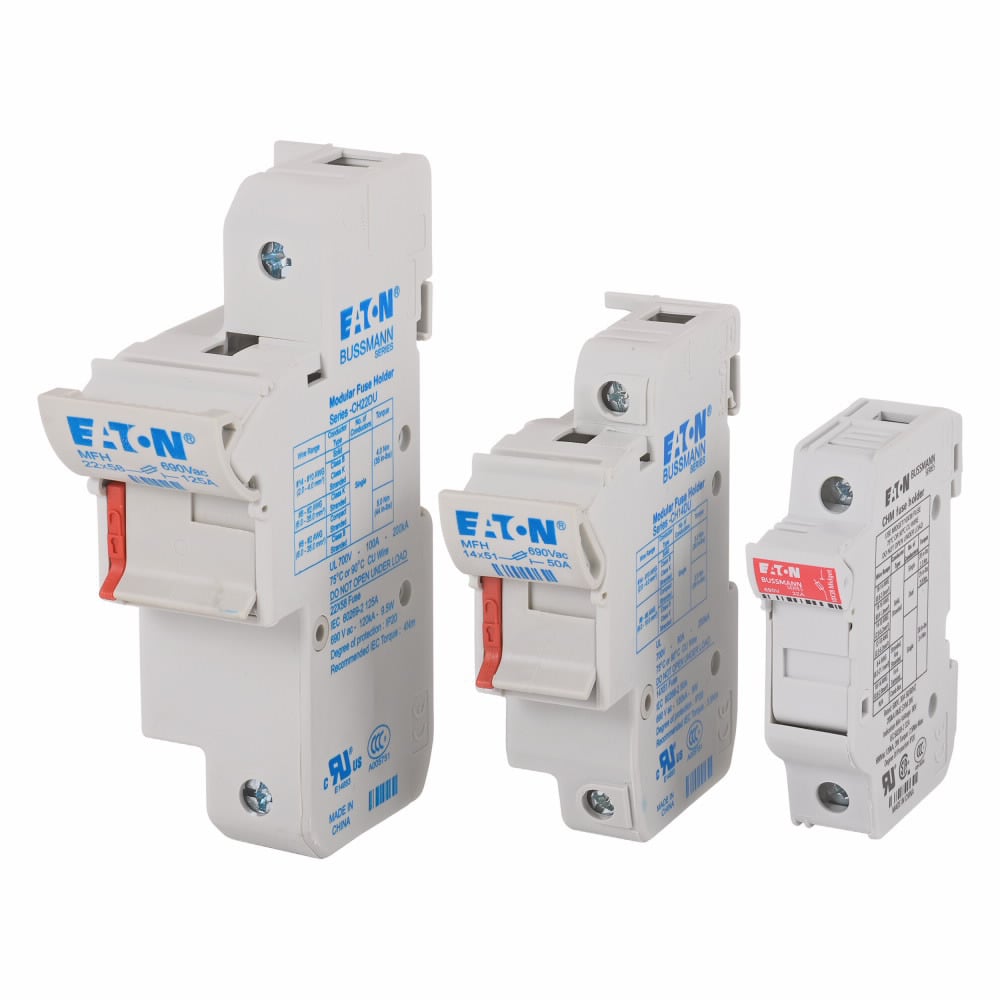 Eaton's Bussmann series 3-Pole modular fuse holder, rated at 690 V a.c./1000 V d.c. (IEC), 700 V a.c. (UL) , 125 Amps (IEC), 100 A (UL), fitted with a neon indicator, suitable for 22 x 58 mm Cylindrical fuses