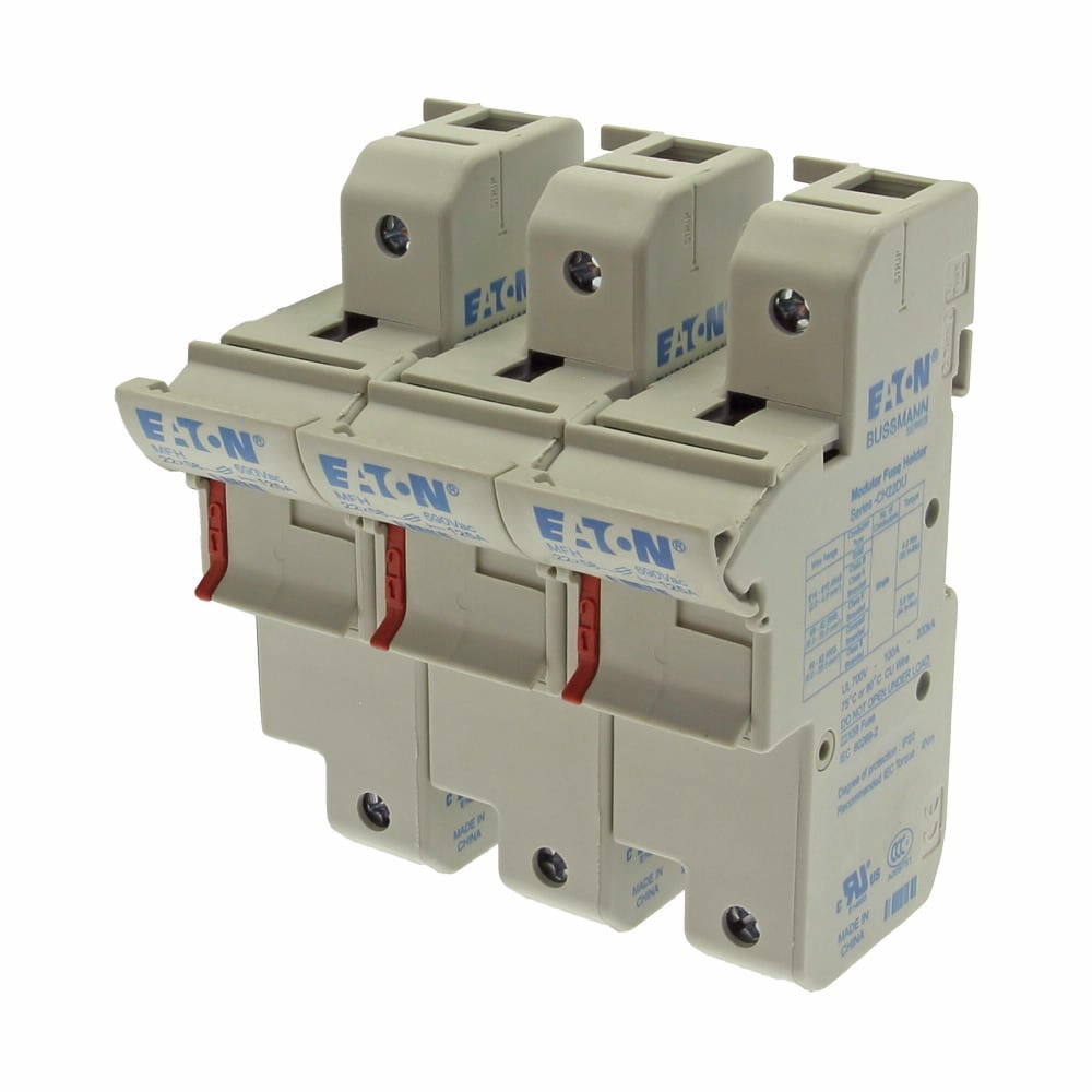 Eaton's Bussmann series 3-Pole modular fuse holder, rated at 690 V a.c./1000 V d.c. (IEC), 700 V a.c. (UL) , 125 Amps (IEC), 100 A (UL), suitable for 22 x 58 mm Cylindrical fuses