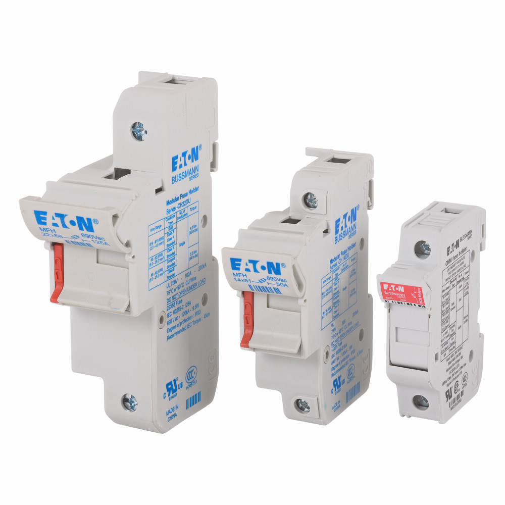Eaton's Bussmann series 3-Pole modular fuse holder, rated at 690 V a.c./750 V d.c. (IEC), 700 V a.c. (UL), 50 Amps (IEC and UL), fitted with a neon indicator, suitable for 14 x 51 mm Cylindrical fuses