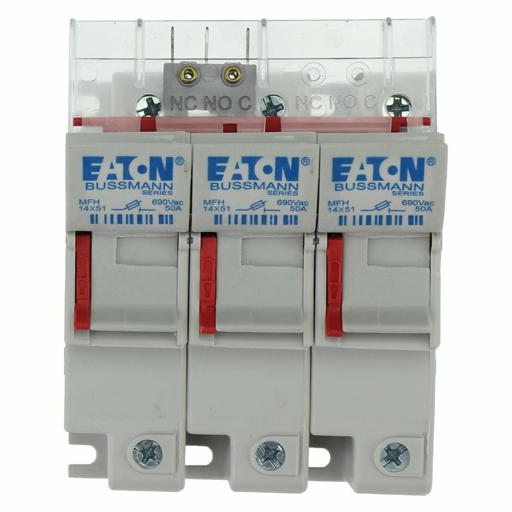 Eaton's Bussmann series 3-Pole modular fuse holder, rated at 690 V a.c./750 V d.c. (IEC), 700 V a.c. (UL), 50 Amps (IEC and UL), fitted with a microswitch, suitable for 14 x 51 mm Cylindrical fuses