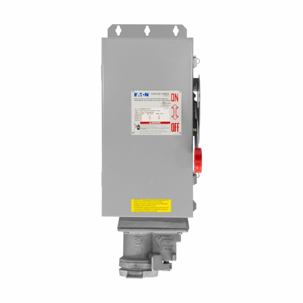 Eaton Crouse-Hinds series Arktite WSRD interlocked receptacle with enclosed safety disconnect switch, 60A, Three-wire, four-pole, Brass contacts, Solid door, Fused, Style 2, Cutler-Hammer, Sheet steel, Spring door, 480/600 Vac
