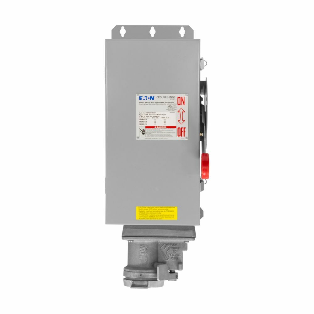 Eaton Crouse-Hinds series Arktite WSRD interlocked receptacle with enclosed safety disconnect switch, 100A, Three-wire, four-pole, Brass contact, Solid door, Non-fused, Style 2, Cutler-Hammer, 304 stainless steel, Spring door, 480/600 Vac