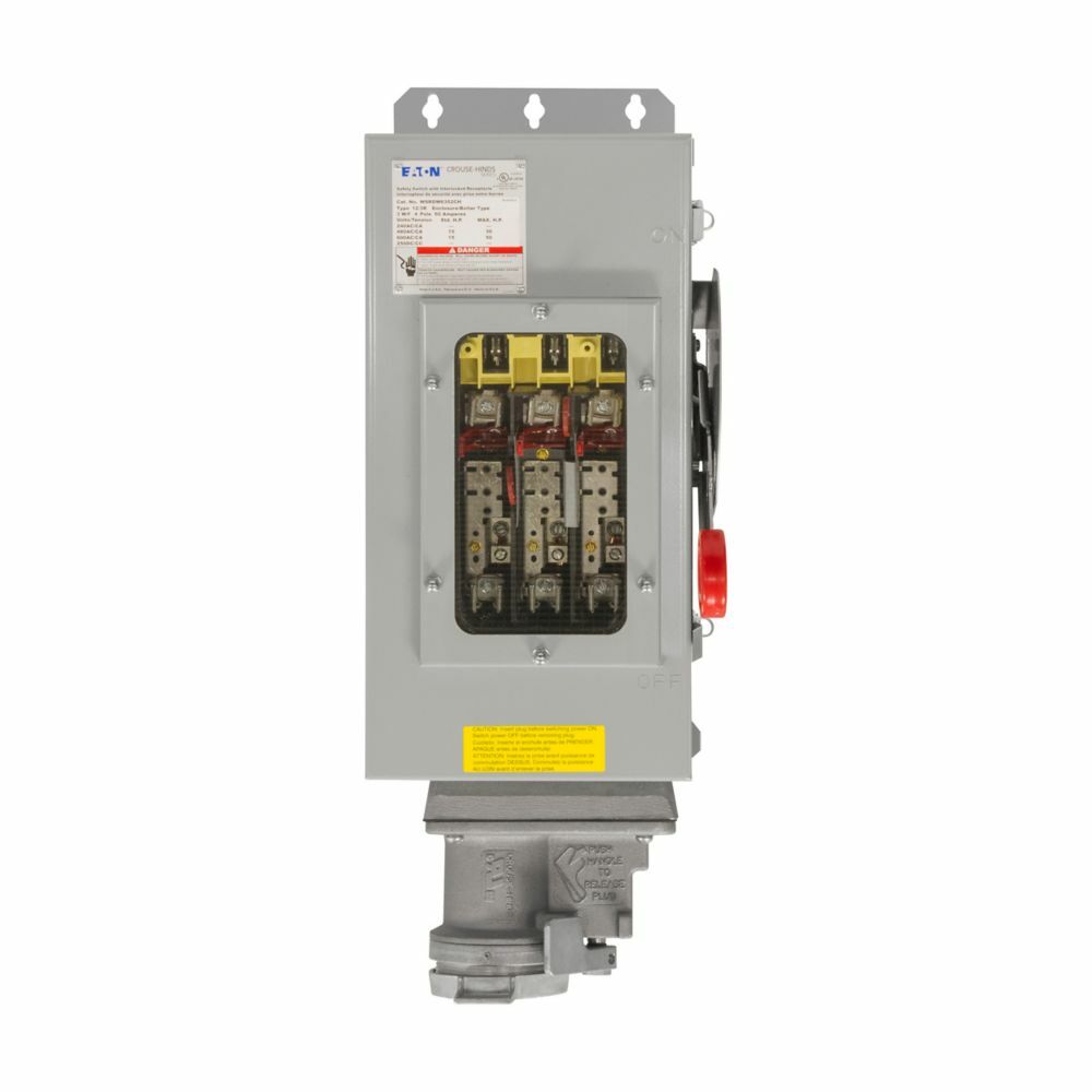 Eaton Crouse-Hinds series Arktite WSRD interlocked receptacle with enclosed safety disconnect switch, 60A, Three-wire, four-pole, Brass contacts, Windowed door, Non-fused, Style 2, Cutler-Hammer, Sheet steel, Spring door, 480/600 Vac