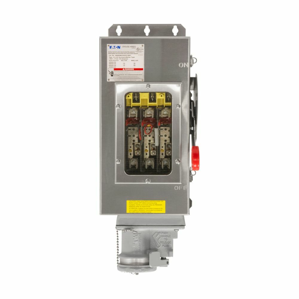 Eaton Crouse-Hinds series Arktite WSRD interlocked receptacle with enclosed safety disconnect switch, 60A, Three-wire, four-pole, Brass contacts, Windowed door, Fused, Style 2, Cutler-Hammer, 304 stainless steel, Spring door, 480/600 Vac