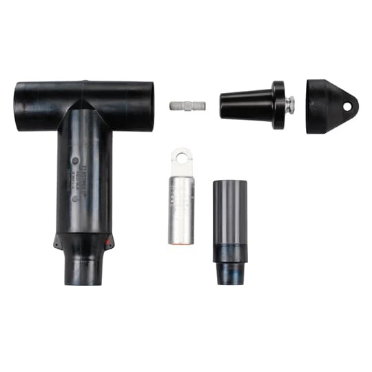 600 Amp, 15/25kV, 600 Series Deadbreak, Elbow with Insulated Plug, Cap, Stud, Lug and Cable Adapter.  Aluminum Compression Lug.  Cable Insulation Diameter 0.980 inch to 1.180  inch.  Conductor Size kcmil Compressed/Stranded 500 or Compact/Solid 600 or mm2 Compact 250/300.