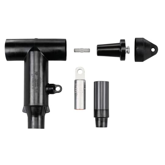 15/25kV 600 Amp Series Deadbreak Elbow with Test Point (with Insulated Plug, Cap, Stud, Lug and Cable Adapter),  Aluminum Compression Lug.   Cable Insulation Diameter 1.370 inch to 1.630 inch.  Conductor Size Compressed/Stranded 650  or Compact/Solid 750  or mm2 Compact 400.