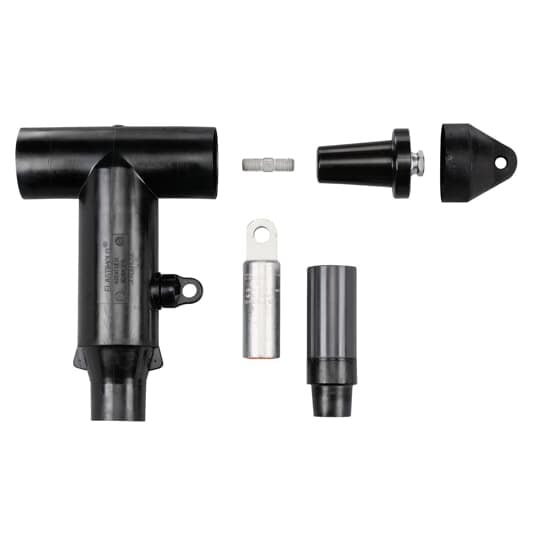 600 Amp, 15/25kv, 600 Series Elbow with Insulated Plug, Cap, Stud, Lug and Cable Adapter, Cable Insulation 1.180 to 1.465 inch. Aluminum Lug,   Conductor Size 500 stranded/compressed.   With Cold Shrinkable Seal with Copper Braid and Constant Force Spring.