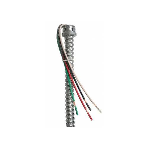 EPCO, Fixture Whip, Solid Wire, Number Of Conductors: 4, Conductor Size: (4) 14 AWG, Voltage Rating: 120 V, Insulation Material: THHN, Color: Black,Red,White,Green, Length: 6 FT, Conduit Size: 3/8 IN, Conduit Material: Steel, Includes: Die Cast Snap-In Connectors