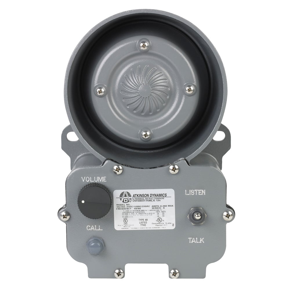 Atkinson Dynamics Wall Mount Intercom, 120VAC - Available in 12VDC, 24VDC, 120VAC or 240VAC. Heavy-duty industrial intercom for indoor or outdoor applications. Single channel, two-way communications. Integrated volume control and Talk/Listen switch. Balanced line output. 25 watt speaker. Cast aluminum housing with rugged powder coat finish. Conformal coated PCB. Type 4X enclosure. Marine Listed. CSA Certified. UL and cUL Listed.