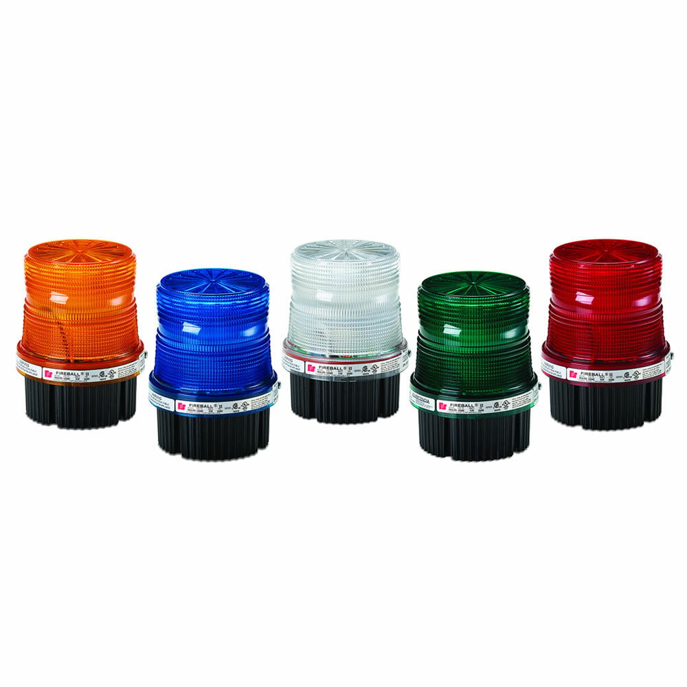 Fireball LED Warning Light, 120-240VAC, Blue - Available in 12-24VDC or 120-240VAC. Five lens colors: Amber, Blue, Clear, Green, and Red. 50,000 hour LED. Patented Power Select technology. Three flash pattern options: 60 FPM (default), 120 FPM and steady. Integrated 1/2-inch NPT pipe and surface mounts. Indoor/outdoor use. Conformal coated PCB. Type 4X, IP66 enclosure. IP69K compliant. UL and cUL Listed.
