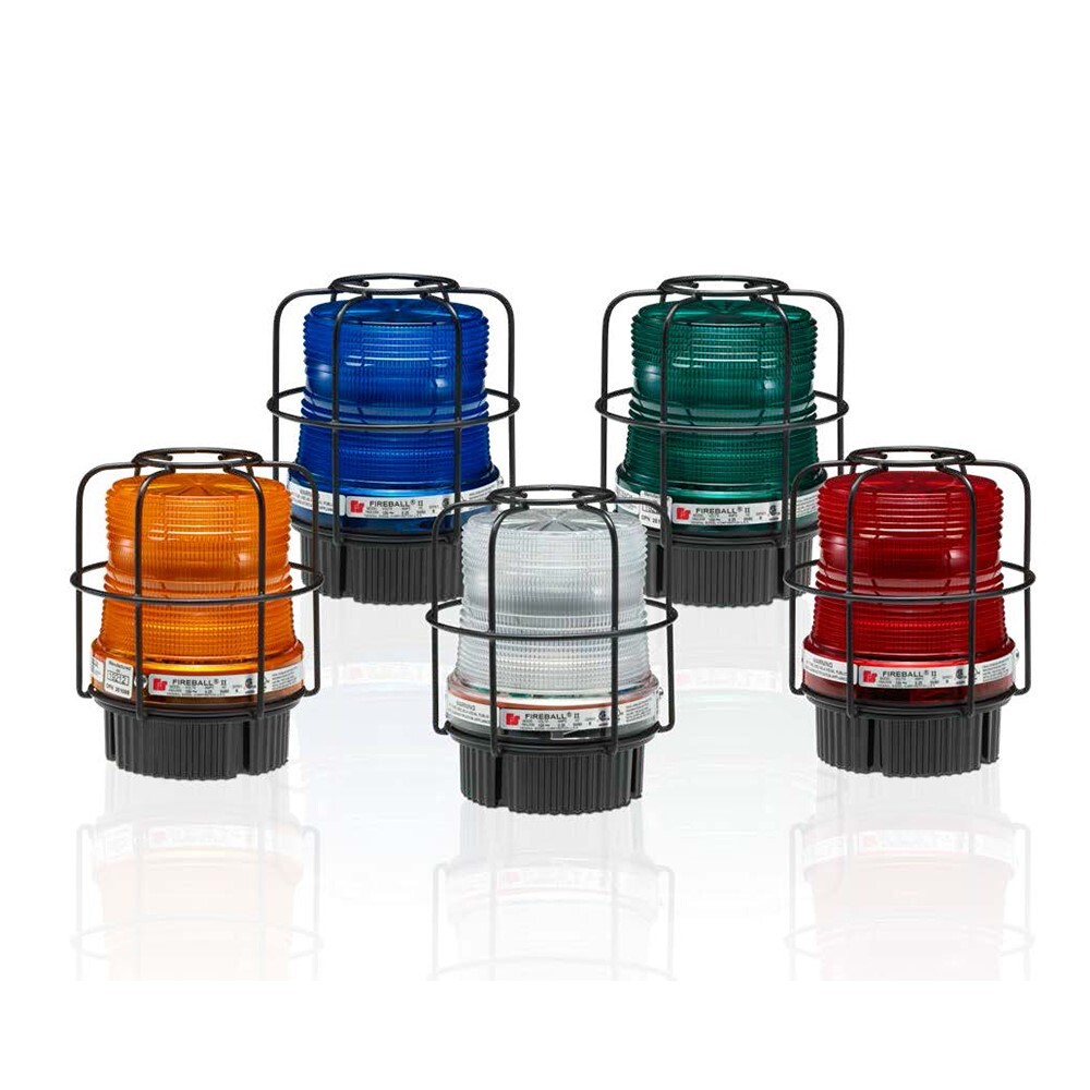 Fireball Hazardous Location LED Warning Light, 12-24VDC, Blue - Available in 12-24VDC or 120-240VAC. Five lens colors: Amber, Blue, Clear, Green and Red. Stainless steel wire guard included. 50,000 hour LED. Patented Power Select technology. Three flash pattern options: 60 FPM (default), 120 FPM or steady. Integrated 1/2-inch NPT pipe and surface mount. Indoor/outdoor use. Conformal coated PCBA. Type 4X, IP66 enclosure. IP69K compliant. UL and cUL listed for Class I, Division 2, Groups A, B, C and D & Class II, Division 2, Groups F and G & Class III. '-CN' models are UL and cUL Listed for Class I, Zone 2, Aex nA IIC Gc & Class II, Zone 22, Aex tx IIC Dc.