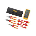 Fluke 87V industrial multimeter + insulated hand tools starter kit (5 insulated screwdrivers and 3 insulated pliers) roll-up tool pouch.