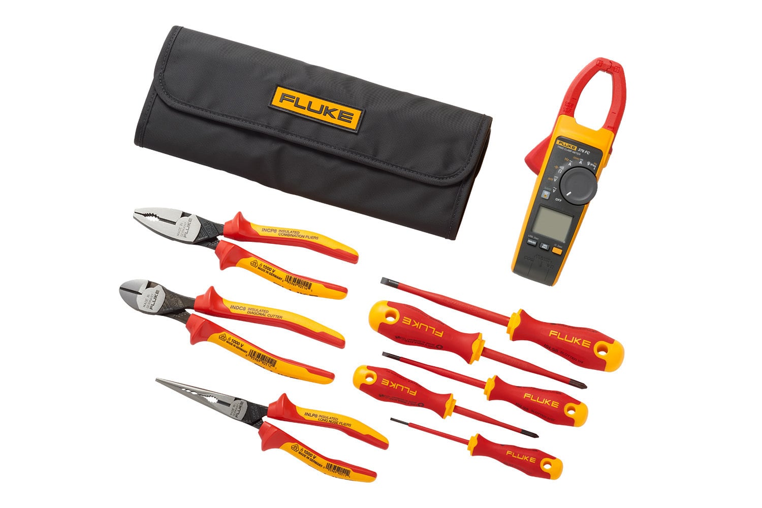 Fluke Fluke 376 FC True-RMS clamp Meter+ insulated hand tools starter kit (5 insulated screwdrivers and 3 insulated pliers) roll-up tool pouch. Fluke 376 FC True-RMS clamp Meter 3 Slot screwdrivers 2 Phillips screwdrivers