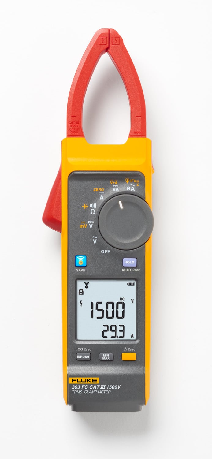 The 393 FC CAT III 1500 V True-rms Clamp Meter with iFlex is designed for technicians who work in high voltage dc environment: solar arrays, wind power, electric railways, data centers battery banks for uninterruptible power supplies. The clamp will measure up to 1500 V dc, 1000 V ac, and up to 999.9 A dc or ac through the clamp jaw.  The included iFlex flexible current probe extended ac current measurements up to 2500 amps. This clamp has a thin jaw, giving you access to cables in crowded combiner boxes. Test leads are designed with your work in mind and are also rated to CAT III 1500 V dc.