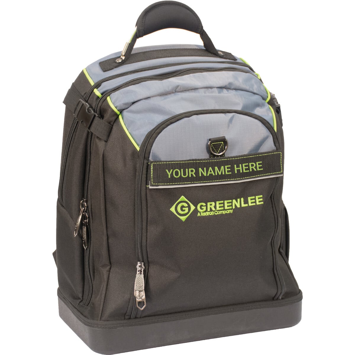 Professional Tool & Tech Backpack.  Personalized Name Plate: Customize your bag with a personalized embroidered name plate.  Poly & Nylon Ripstop Construction: Makes for a durable lightweight bag.   Impact Resistant Waterproof Plastic Bottom: Keeps tools and bag protected from the elements.  Green Interior: High tool visibility.  High Visibility Reflective Piping: Helps locate your tool bag in dark work spaces.  27 Universal Double Stitched Pockets: Heavy duty pockets for ultimate tool storage and organization.  2 Separate Zippered Compartments: For easier tool organization  Second zippered compartment allows for storage of laptop and/or tablet.  S-Strap Shoulder Strap: Ergonomically designed fit to distribute weight evenly.  Padded Lumbar Support: Reduces back strain when carrying a loaded backpack.