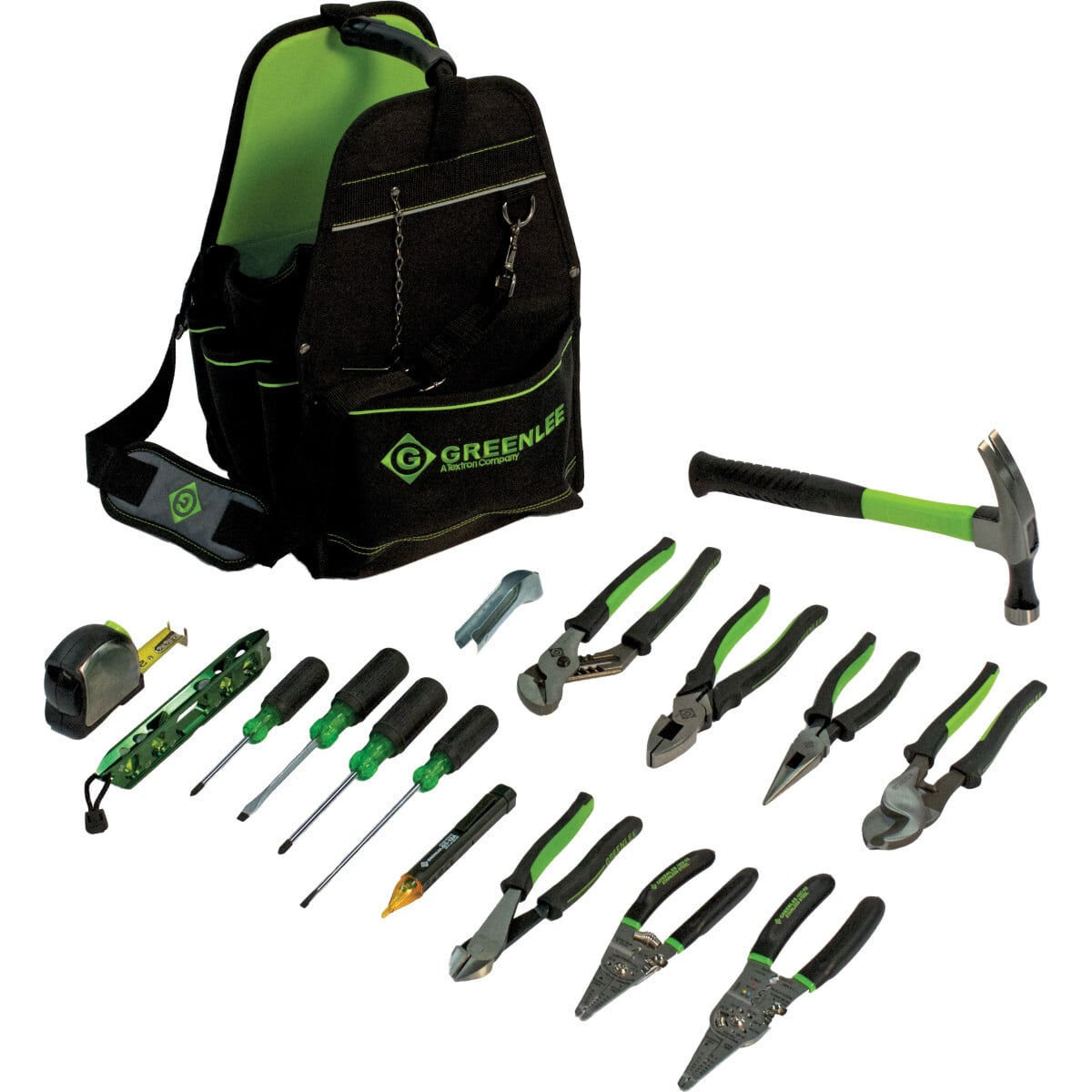 Perfect kit for the Journeyman Electrician.  Kit Includes:  11" Electrician's Open Tool Carrier (0158-24), Non-Contact Voltage Detector (GT-12A), Torpedo Level (L107), 18 oz Electricians Hammer (0156-11), 25' Power Return Rule (0155-25A), Flat-Key Screwdriver 1/4X4" (0153-11C), Flat-Cab Screwdriver 3/16X6" (0153-22C), Phillips Screwdriver #1X3" (0153-31C), Phillips Screwdriver #2X4" (0153-33C), 9" Side Cutting Pliers - Molded Grip (0151-09M), 8" Diagonal Pliers - Molded Grip (0251-08M), 8" Long Nose Pliers - Molded Grip (0351-08M), 10" Pump Pliers - Molded Grip (0451-10M), Pro Stainless Wire Stripper - 10-18 AWG (1955-SS), Non-Metallic Cable Ripper (0252-11), Stainless Stripping/Crimping Combo Tool (1927-SS), Cable Cutter (727M).