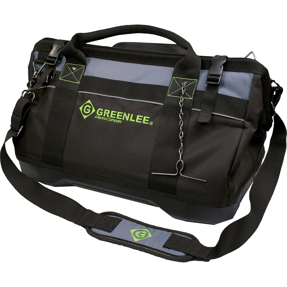 Poly & Nylon Ripstop construction makes for a durable lightweight bag.  ABS waterproof plastic bottom keeps tools and bag protected from the elements.  Green interior for high tool visibility.  High visibility reflective piping helps locate your tool bag in dark work spaces.  Removable adjustable reinforced shoulder strap makes carrying your tools easier.  19 universal double stitched pockets for ultimate tool storage & organization.  Thermoformed molded safety pocket keeps safety glasses and other small valuables safe on the jobsite.